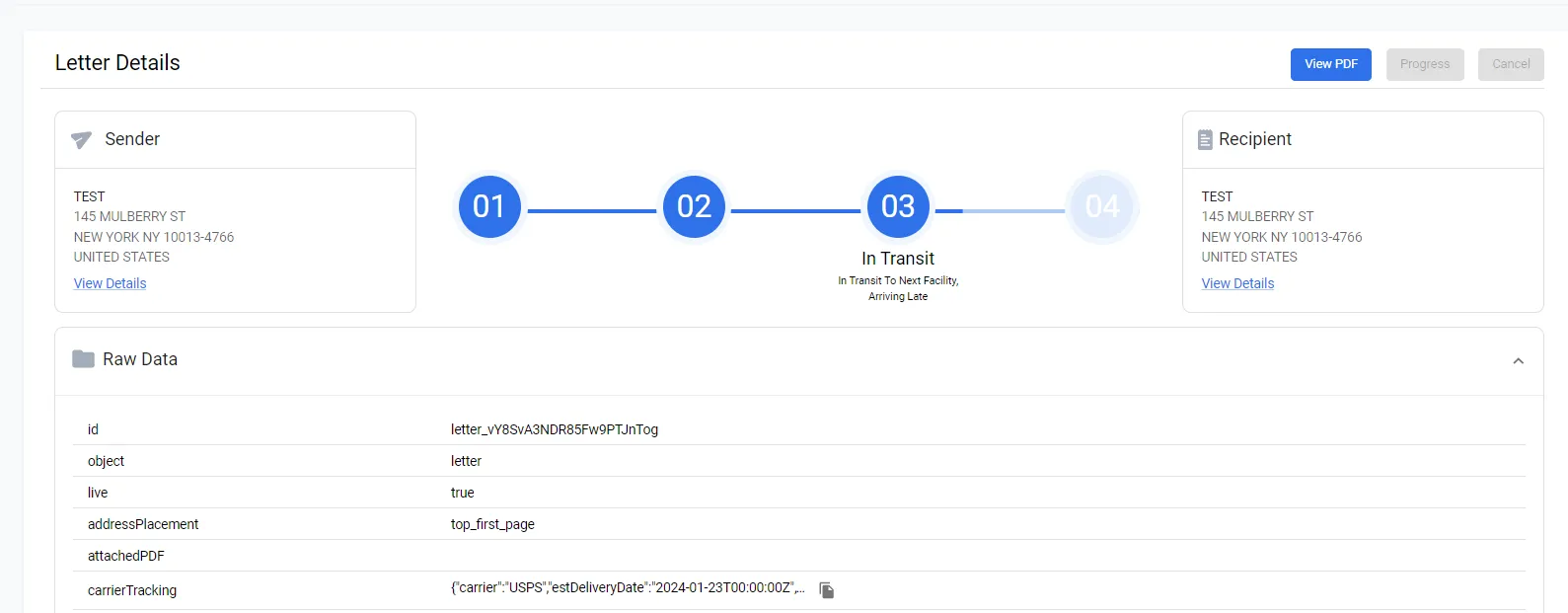 Order detail page showing the carrier tracking status displayed in the third section of the order status graphic