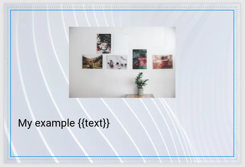 Template builder showing a postcard with a background image placeholder, picture placeholder, and a text merge variable