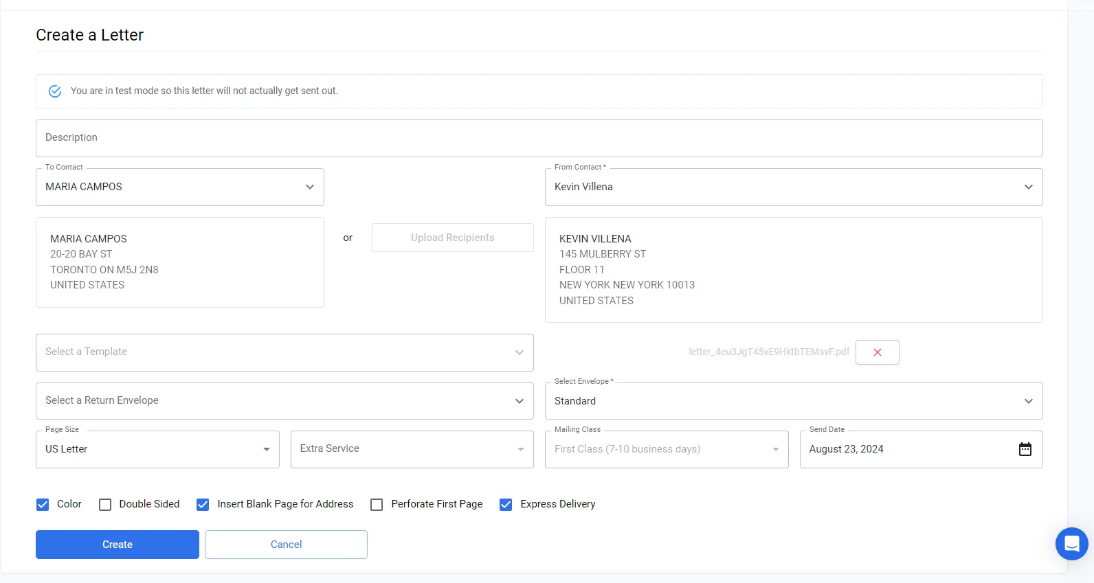 Create a Letter form showing print options including Color, Double Sided, Insert Blank Page, and Perforate First Page checkboxes