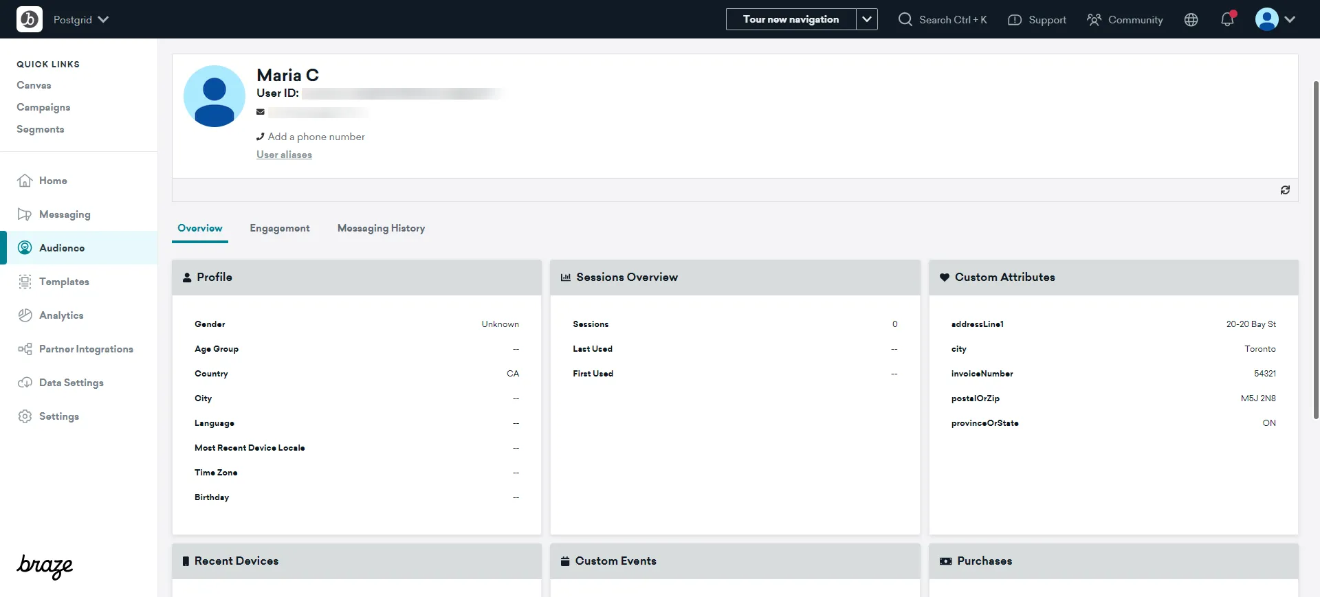 Braze user profile page showing custom attributes including addressLine1, city, and invoiceNumber