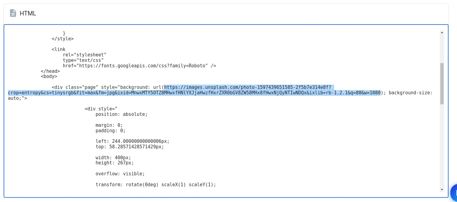 Generated HTML showing the background image URL highlighted in the page CSS style attribute