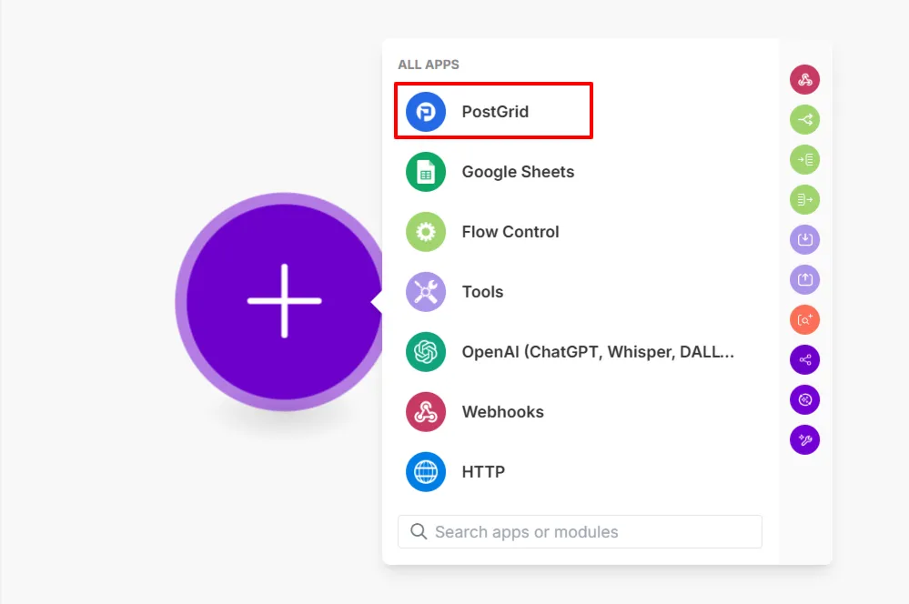 Make.com app search results showing PostGrid selected as the integration to add to the scenario