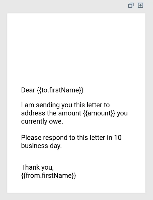 HTML template in the editor showing merge variables for to.firstName, from.firstName, and a custom amount variable for an amount-owing letter