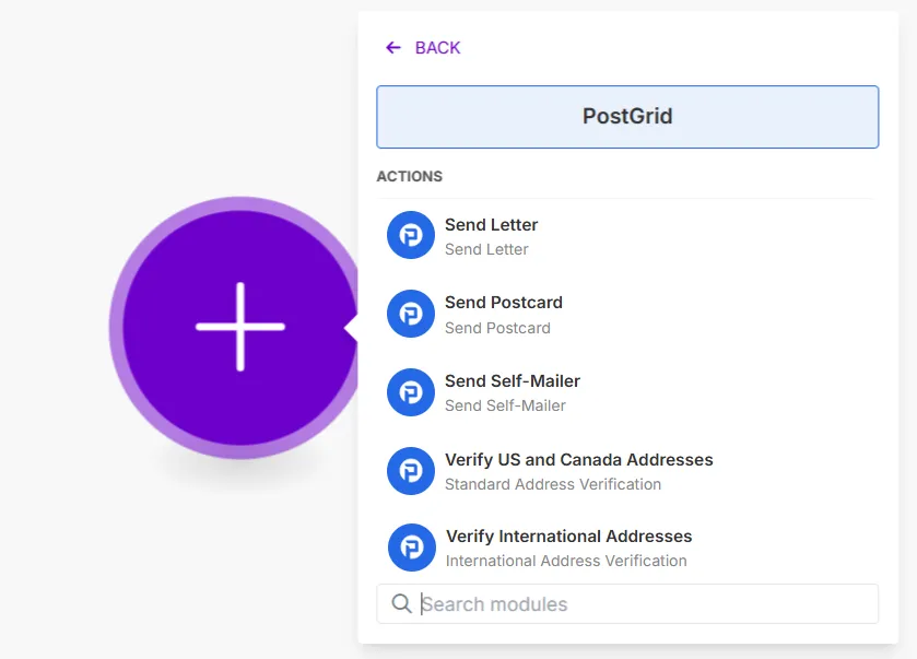 Make.com PostGrid module showing a list of available actions such as Send Letter, Send Postcard, and Verify Address