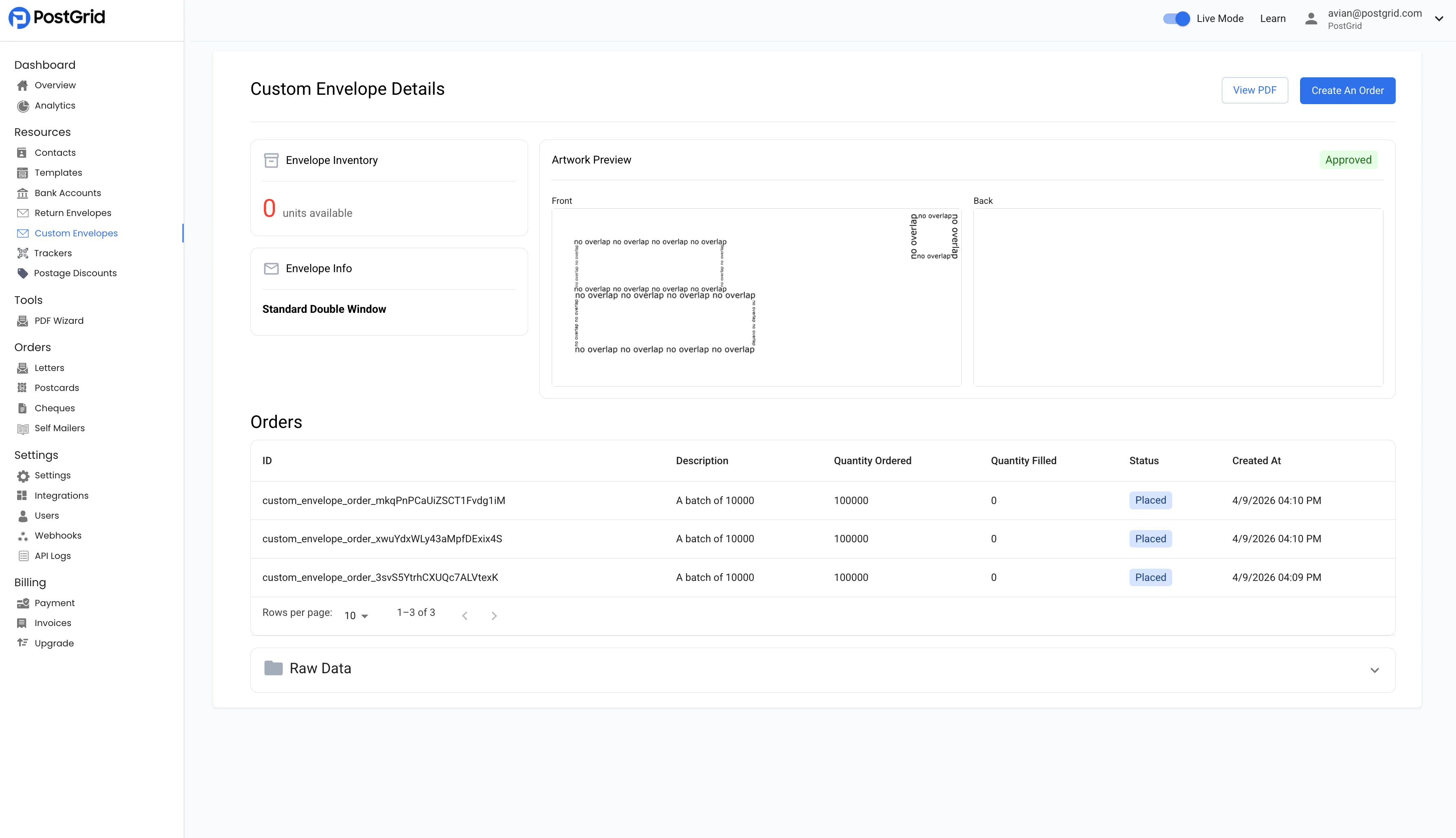 Approved custom envelope detail view showing units available, the artwork preview, the envelope type, and the orders list