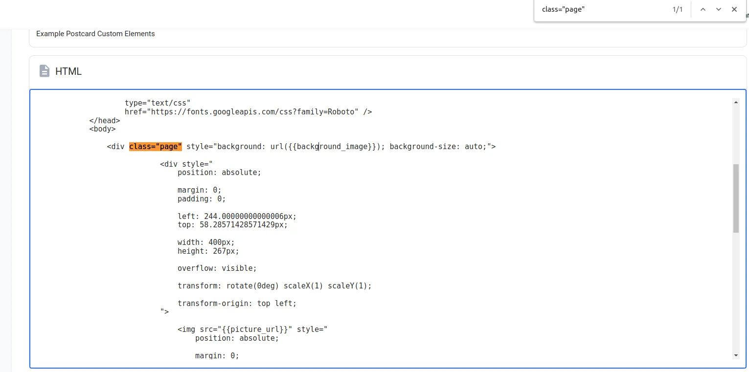 HTML source with search highlighting class=page elements to locate background images for each page