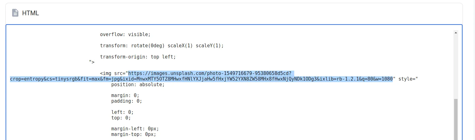 HTML source showing an img tag with its src URL highlighted to identify the inline image placeholder