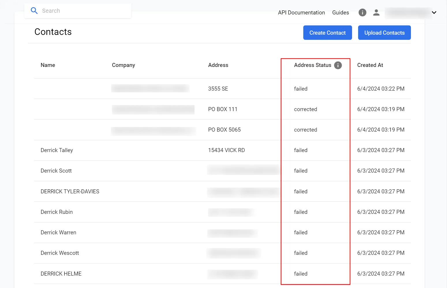 Contacts list page showing the Address Status column with verification results for each contact