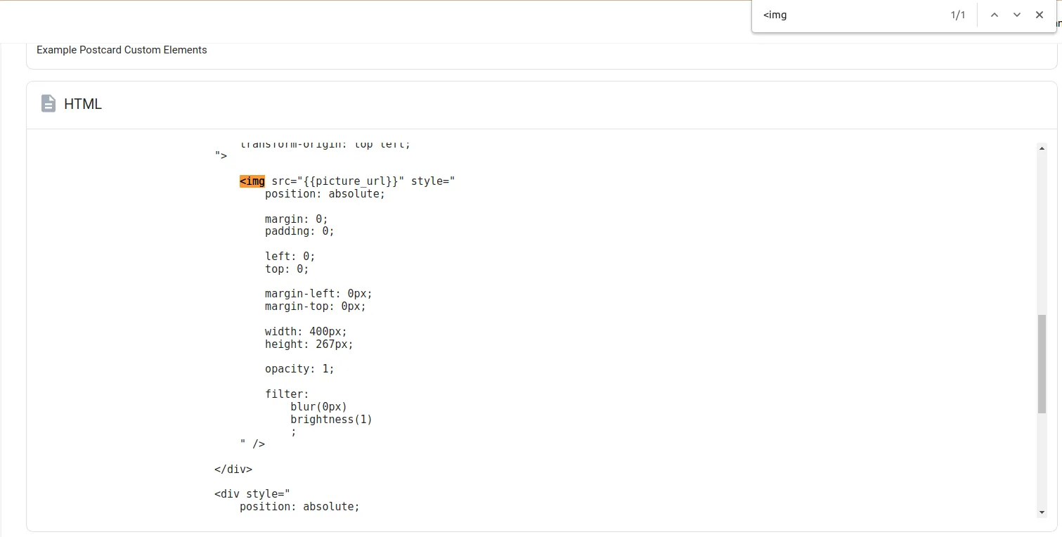 HTML source using browser search for img tags to locate all image elements in the document