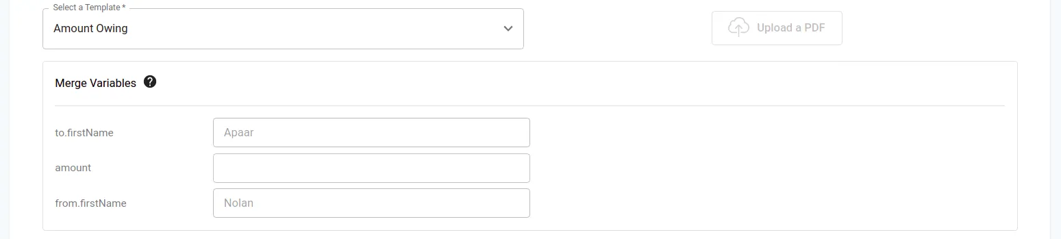 Merge variable mapping screen showing template variables automatically matched to postcard CSV column headers