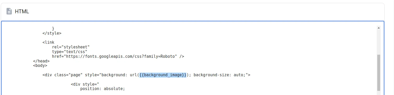 HTML source showing the background image URL replaced with a merge variable such as {{backgroundImage}}