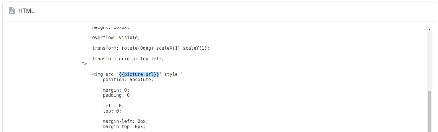 HTML source showing an img tag src URL replaced with an image merge variable placeholder