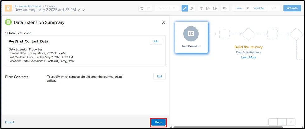 Salesforce Marketing Cloud Data Extension entry source configuration with Done button