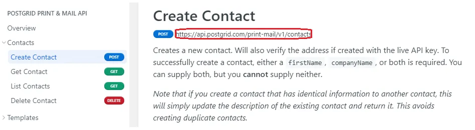 PostGrid API guide showing the Create Contact endpoint with its POST request type and URL