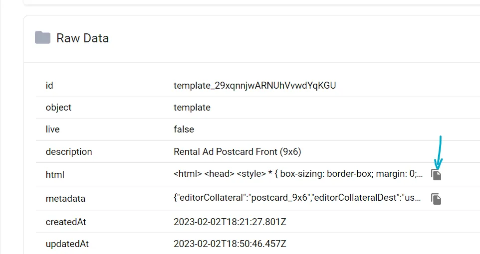 PostGrid template editor showing the Raw Data section with copyable HTML for use in Customer.io
