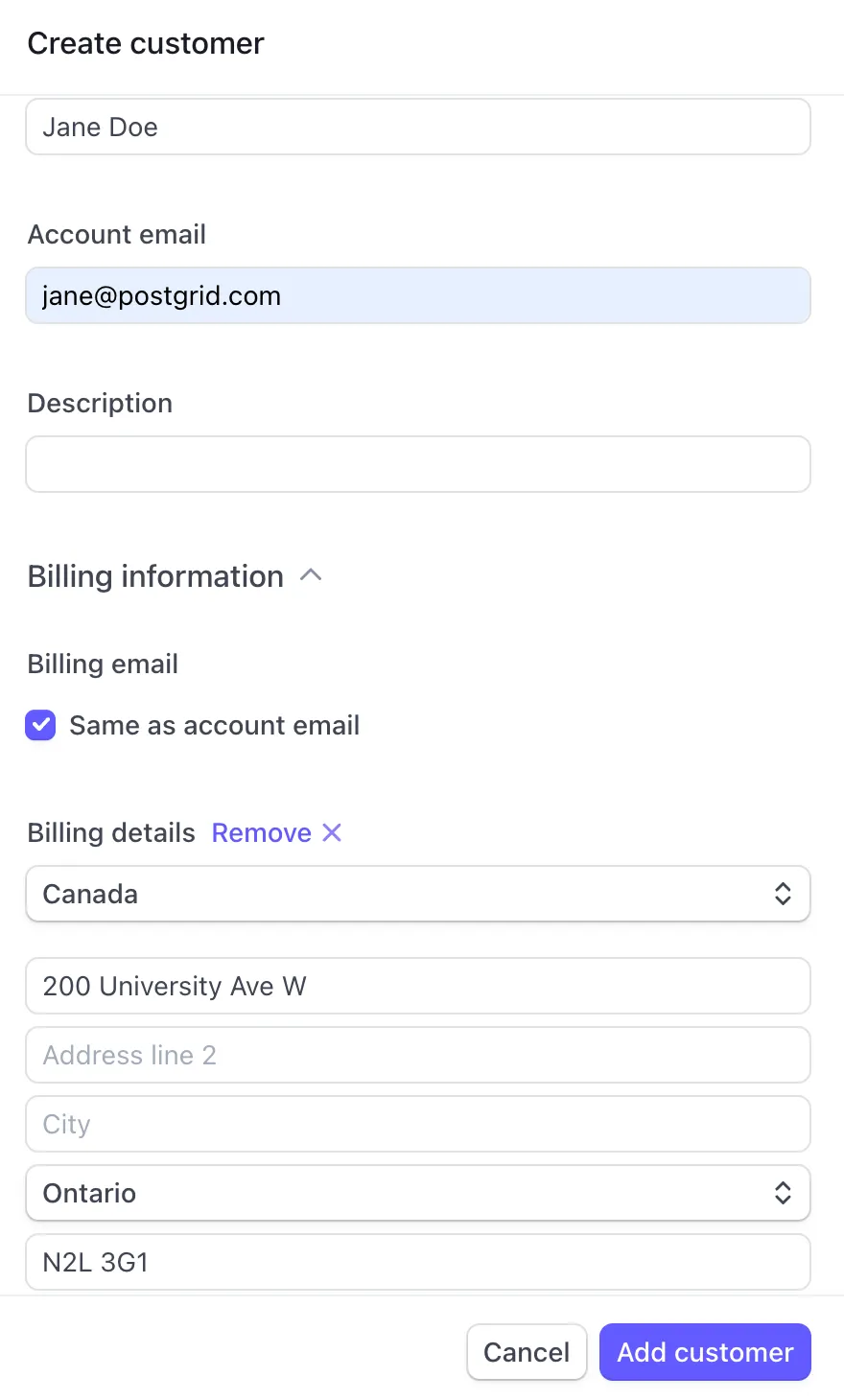 Stripe Add Customer form with 200 University Ave W, Ontario, N2L 3G1 entered but the City field left empty