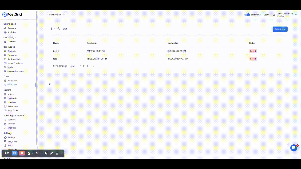 B2B List Builder showing location selection on map and filter options
