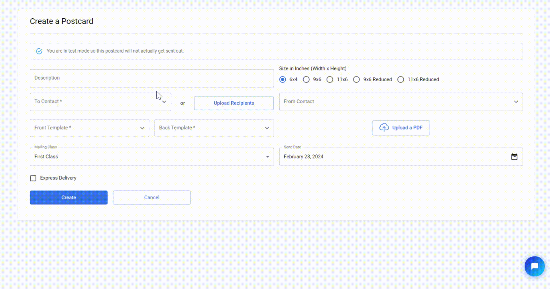 Postcard order creation page showing template selection and recipient contact options