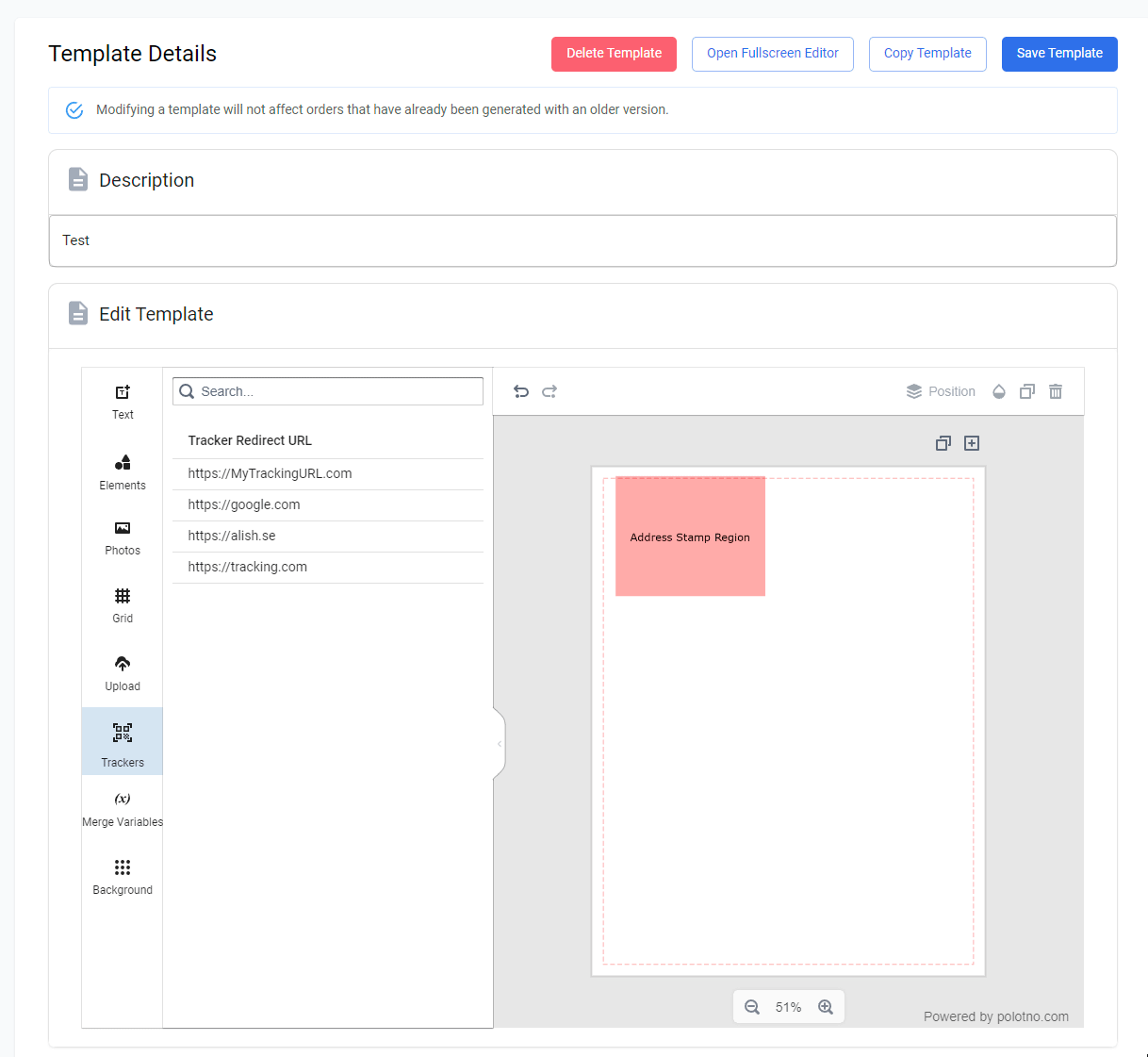 Template Editor showing how to add a tracker to a template