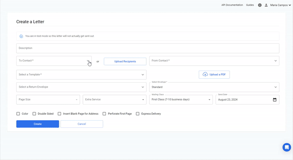Letter order creation page showing template selection and contact options