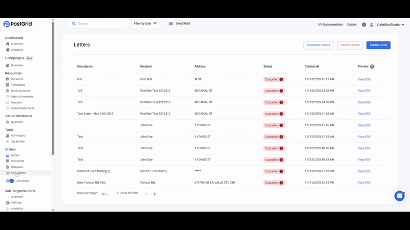 Self-mailer order creation page showing the template upload and contact selection options