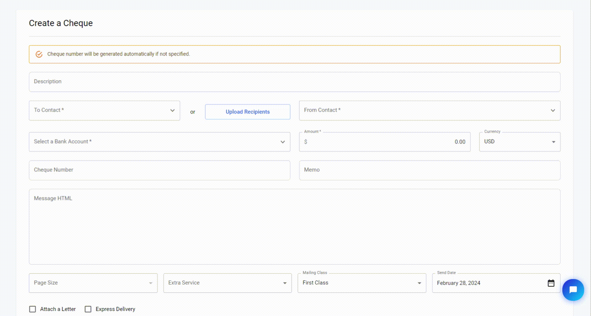 Cheque order creation form showing recipient, bank account, and amount fields