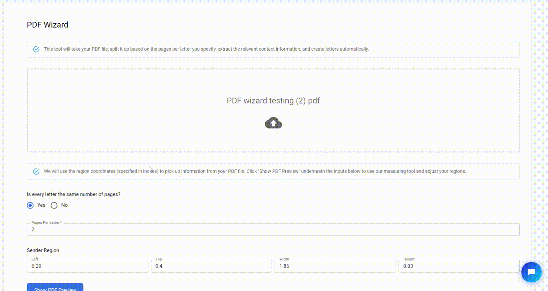 PDF Wizard address region selection showing how to mark sender and recipient address areas