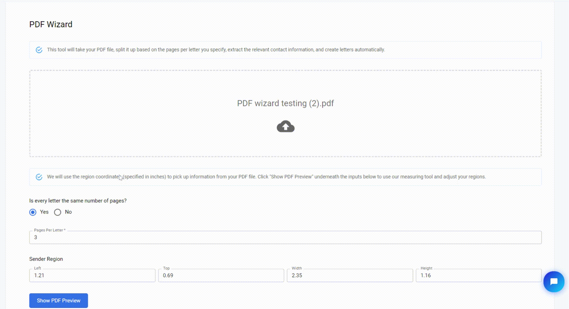 PDF Wizard review step showing extracted address information and create button