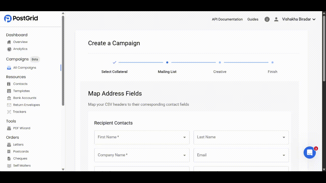 Campaign mailing list configuration showing field mapping interface