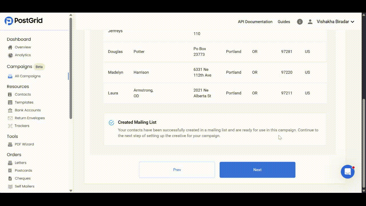 Campaign creative configuration step showing template and print options