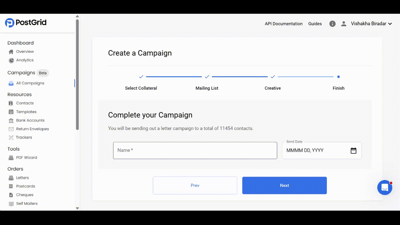 Campaign review step showing preview and confirm button