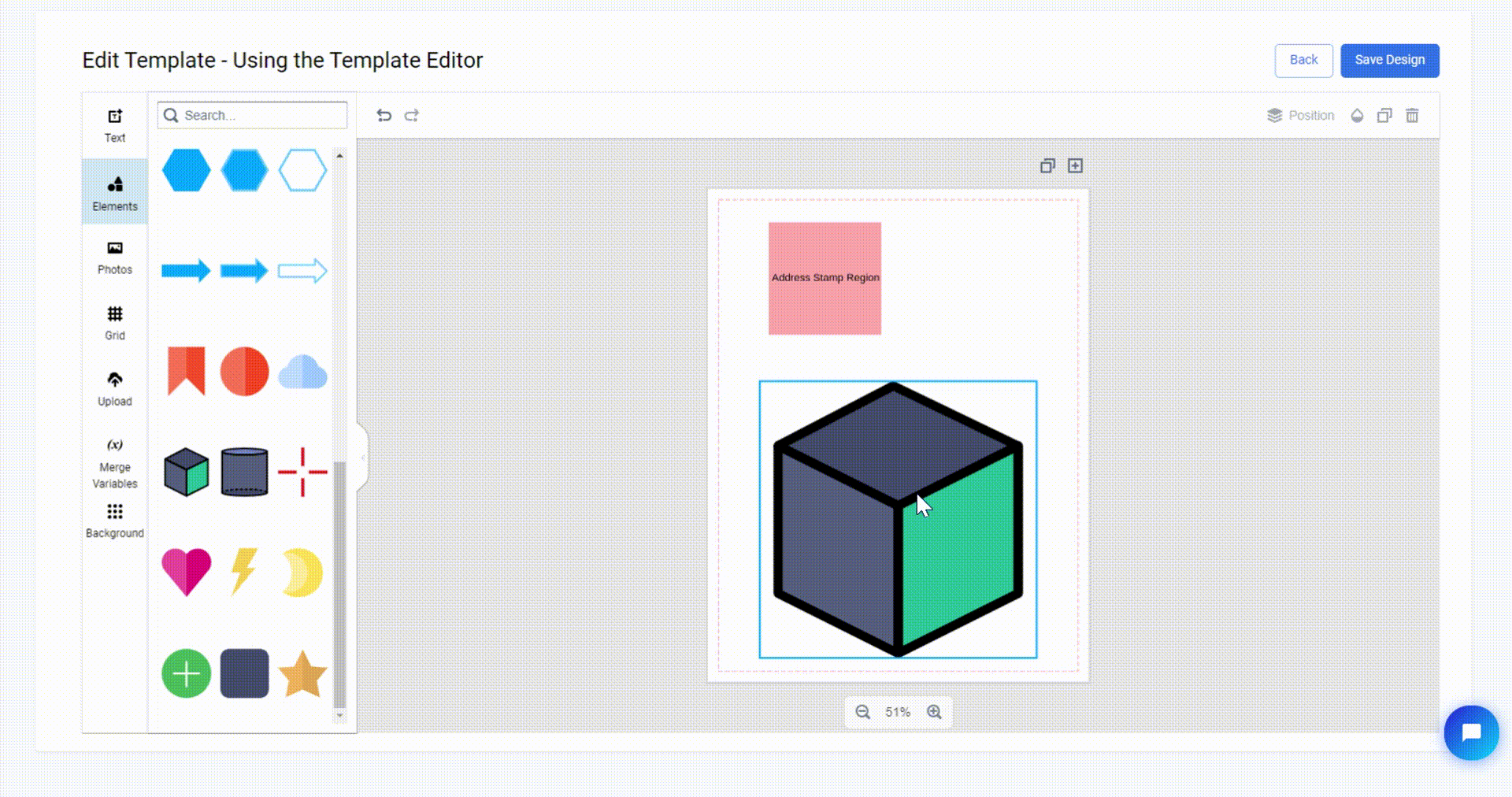 Template Editor showing position and size controls for element manipulation